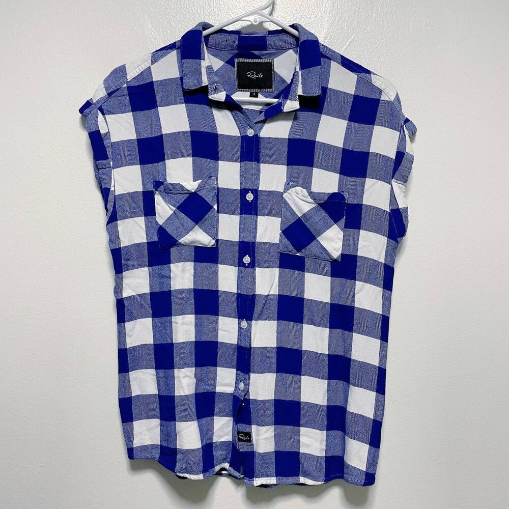 Rails Blue and White Buffalo Checkered Flannel Short Sleeve Button Down Top